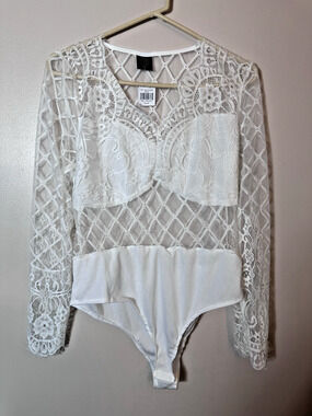 Women’s Top Bodysuit Plus Sz XL White Long Sleeve Caged‎ Sheer Mesh Lace V-Neck